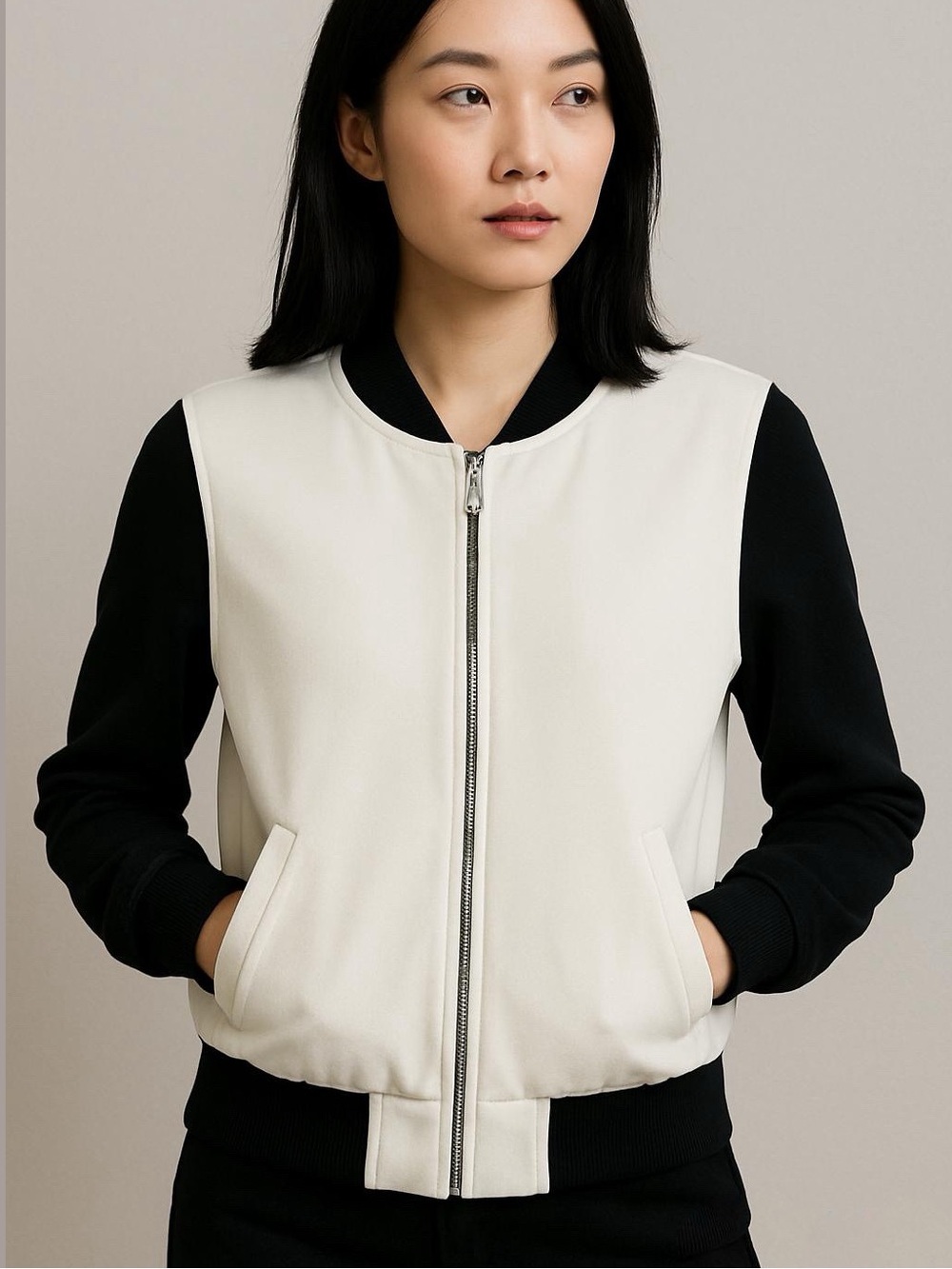 Aritzia Babaton Blouson Bomber Crepe Zip Up Jacket Black White - Size S